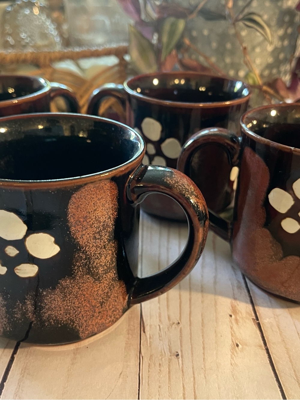 Vintage Hand Painted Brown Floral Speckled Ceramic Coffee Mugs - Set of 4